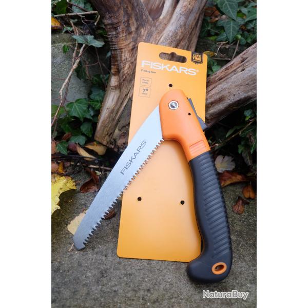 Couteau Scie Pliante Fiskars Lame Acier Tremp Manche Softgrip Noir/Orange Mcanisme de Verrouillage