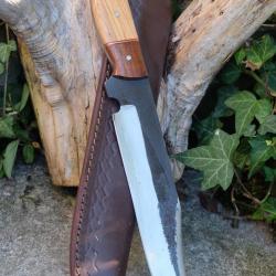BIG Couteau Buscharft Survie Bowie Lame Acier Carbone 1075 Etui Cuir Manche Bois Fabric Artisanale