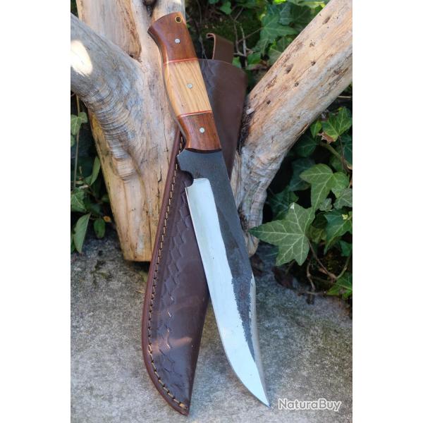 BIG Couteau Buscharft Survie Bowie Lame Acier Carbone 1075 Etui Cuir Manche Bois Fabric Artisanale