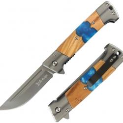 Couteau Elk Ridge A/O Blue Lame Acier 3Cr13MoV Manche Bois & Résine Bleue Linerlock ERA2019BL