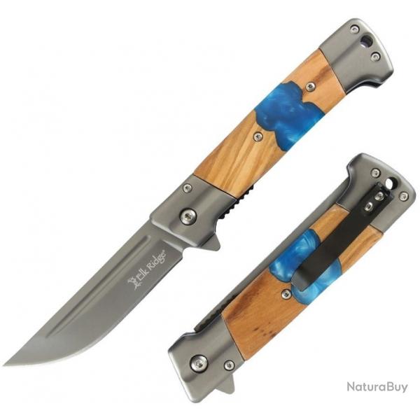 Couteau Elk Ridge A/O Blue Lame Acier 3Cr13MoV Manche Bois & Rsine Bleue Linerlock ERA2019BL