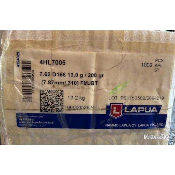 Lapua Projectile 7.62mm, FMJ Boat Tail 200gr D166