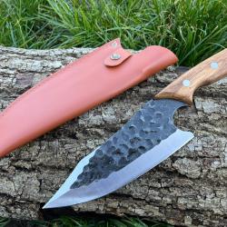 COUTEAU DE DECOUPE 30CM LAME EFFET BRUT ETUI CUIR enchère