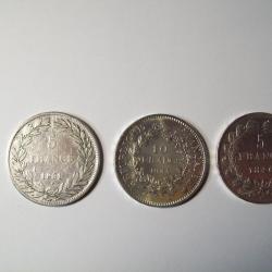 3 pièces de monnaie argent Louis Philippe 5 francs et 10 francs république francaise
