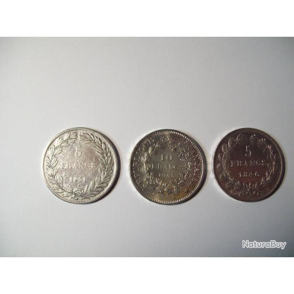 3 pices de monnaie argent Louis Philippe 5 francs et 10 francs rpublique francaise