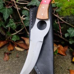 Couteau De Cuisine & Rando Lame Acier Carbone 1055 Façon Huusk Etui Cuir Manche 2 Bois F Artisanat