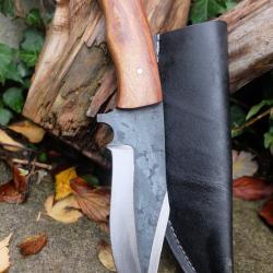 Couteau Bowie Bushcraft Lame Acier Carbone 1075 Manche Bois Etui Simili Fab Artisanale
