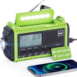 Radio Urgence DAB Solaire Manivelle SOS Batterie 5000mAh USB Lampe Poche IPX4 Étanche Kit Survie