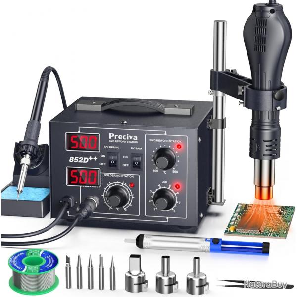 2-in-1 Station de Soudage  Air Chaud, 852D Fer a Souder, 740W PID Double Affichage, 100-500?