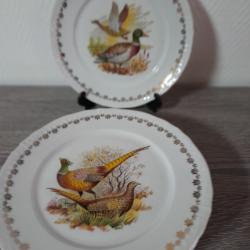 6 ASSIETTES PORCELAINE DECOR GIBIER BORDURE FEUILLES DOREES